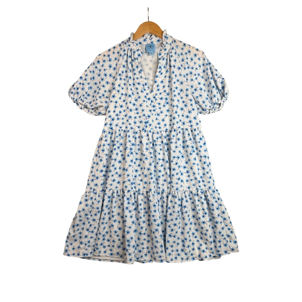 CeCe Floral Print Babydoll Balloon Sleeve Dress‎ size XS White/Blue